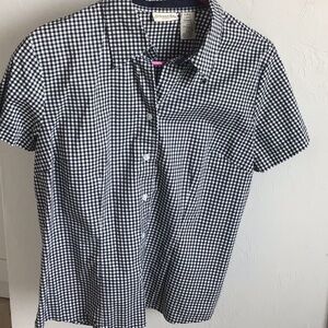 St John’s Bay Woman’s Shirt large Petite Navy White Nautical Blouse checkered